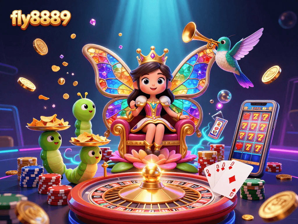 Experience vibrant gameplay with fly8889 featuring a 3D butterfly queen in a dazzling casino setting.