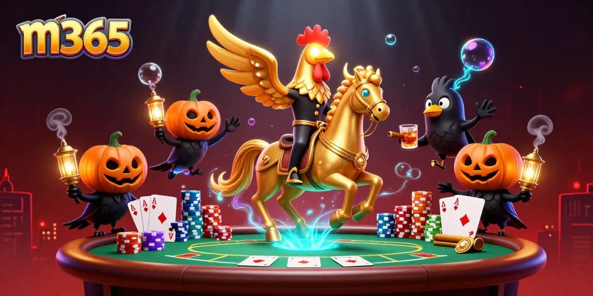 Experience m365 gaming as a golden rooster leads the midnight casino action with unique character elements.
