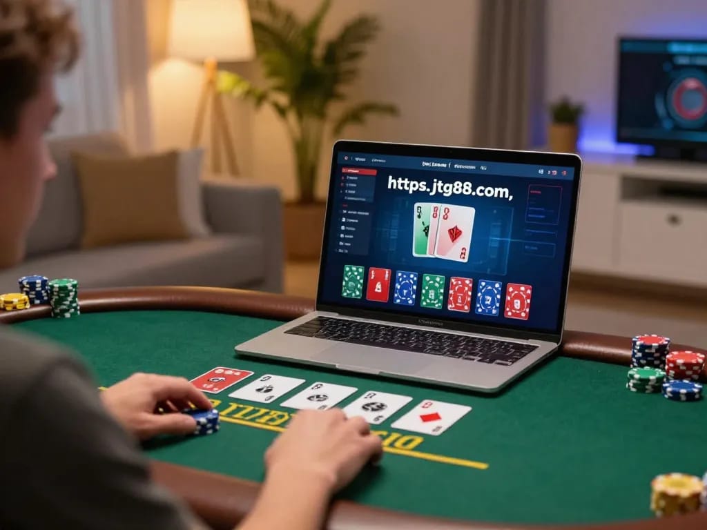 Engaging in live dealer blackjack via https://jtg88.com/ with an immersive home gaming setup.