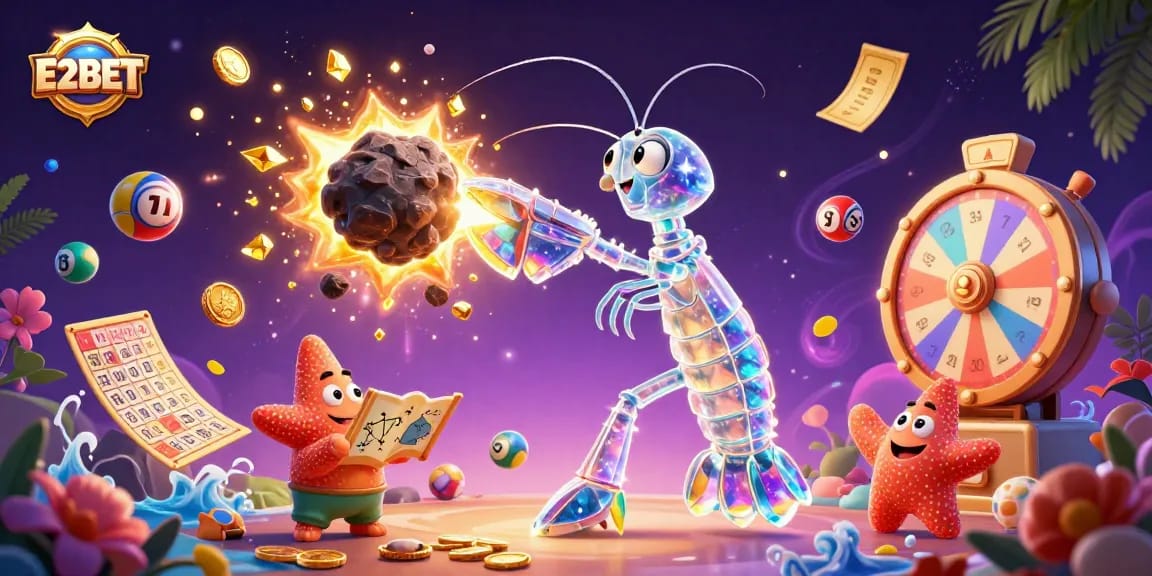 E2BET offers exciting gameplay with vibrant lottery and casino elements combined in a dynamic 3D scene.
