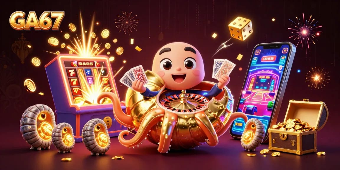 Experience GA67's vibrant online casino action with a dynamic roulette wheel and bursting slots.