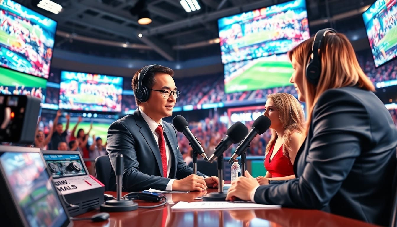 Engaging sports broadcasting scene showcasing hosts with vibrant studio equipment.