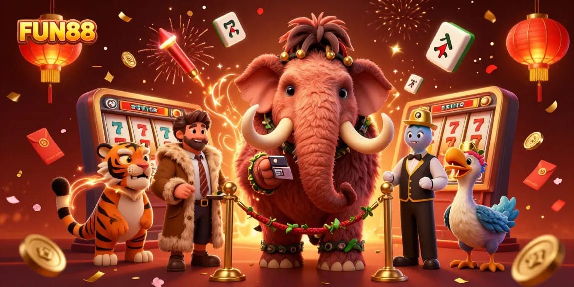 Join the FUN88 excitement with a vibrant 3D casino scene featuring unique characters and jackpot elements.