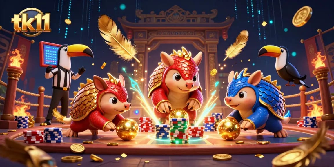 tk11 rival pangolins compete in a dynamic casino scene with poker chips and golden scales confetti