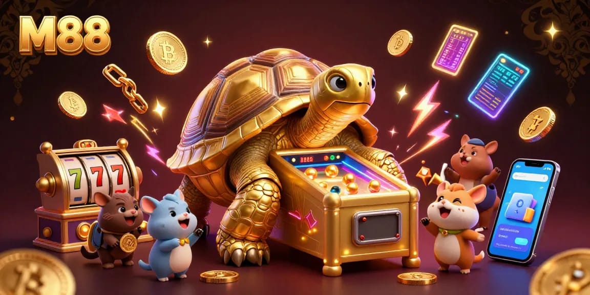 M88 Casino presents an exciting scene with a colossal tortoise pinball machine and vibrant gambling elements.