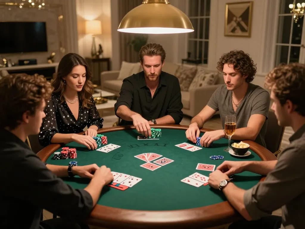 Friends enjoying a poker game in a cozy home setting, showcasing strategic gameplay with SV368 atmosphere