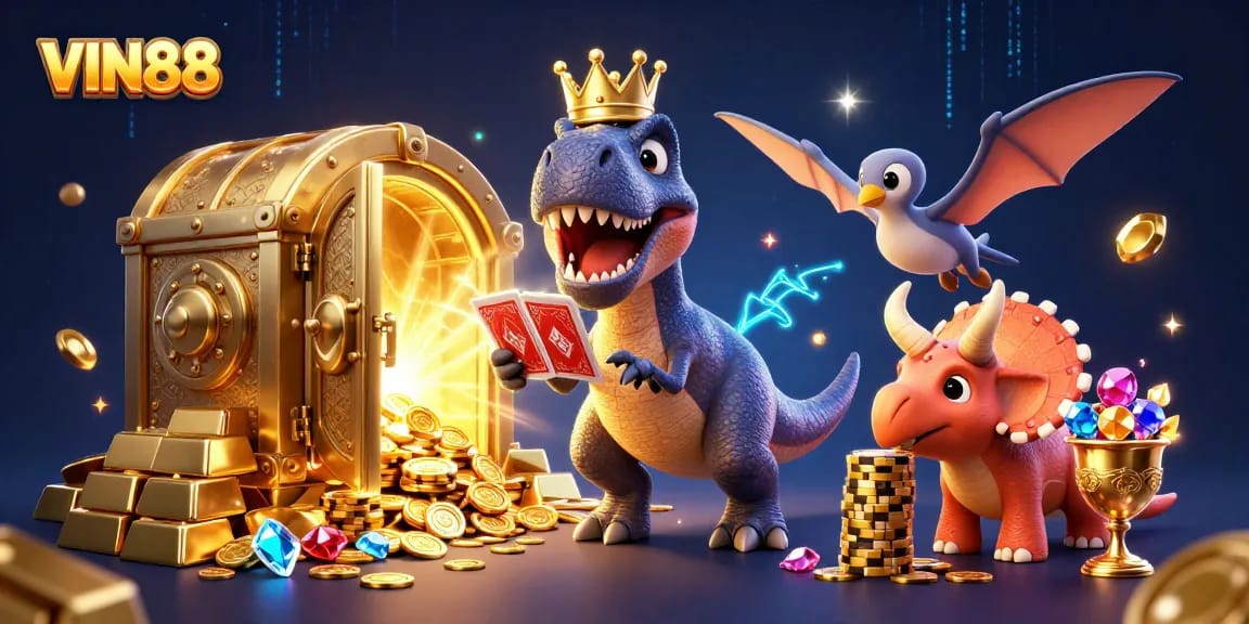 Engage with VIN88's vibrant casino experience featuring T-Rex and treasure in a lively 3D scene.