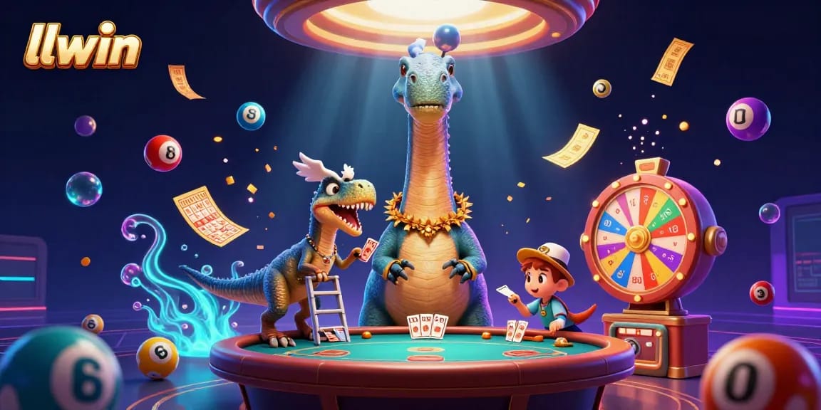 Engage in dynamic gambling with llwin at a lively casino scene filled with vibrant elements and playful characters.