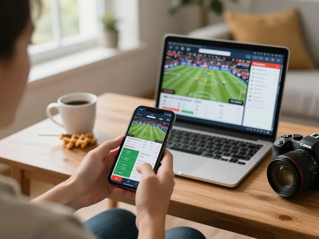 Engaging in sports betting on J88 through a smartphone in a cozy home environment while reviewing strategies.
