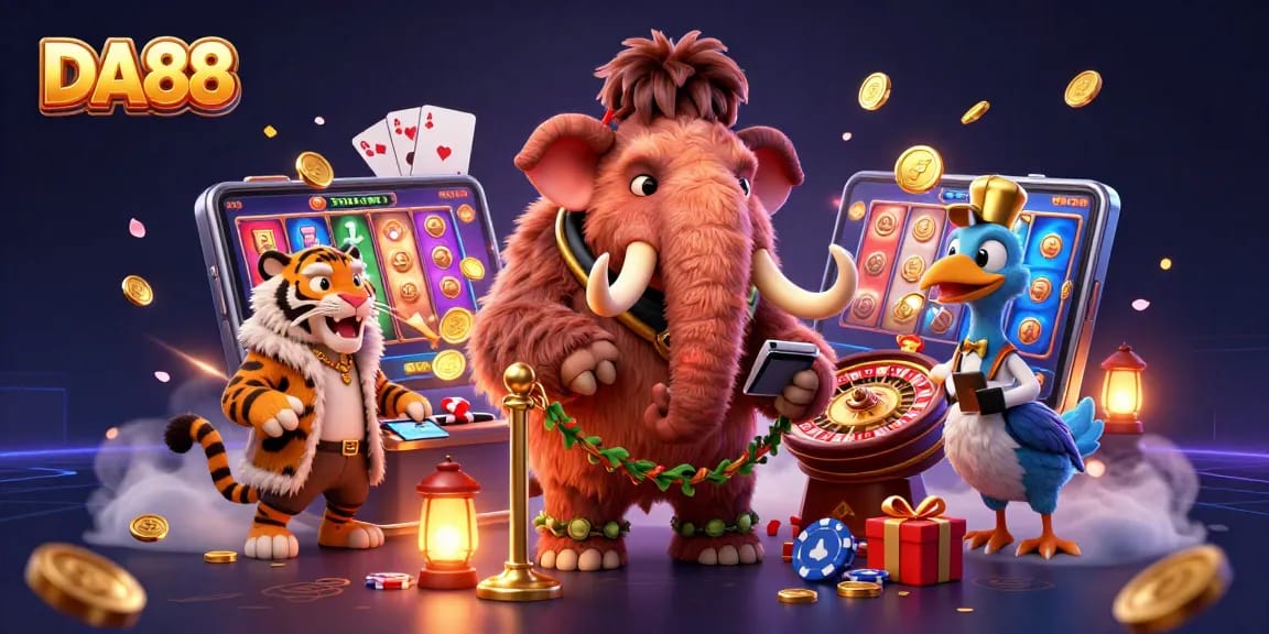 DA88 casino scene featuring a woolly mammoth bouncer and a saber-tooth tiger VIP guest among vibrant gaming elements.