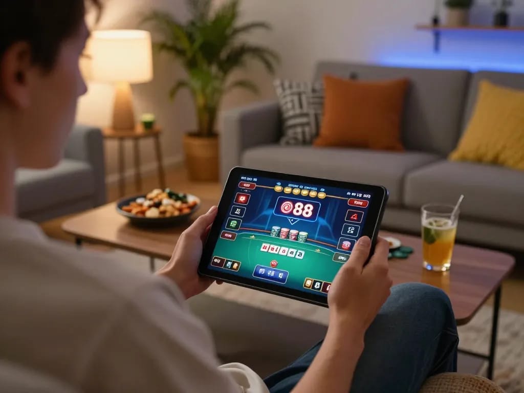 Player engaging with fun88 online casino on tablet in cozy home setting, highlighting strategic gameplay in a comfortable environment
