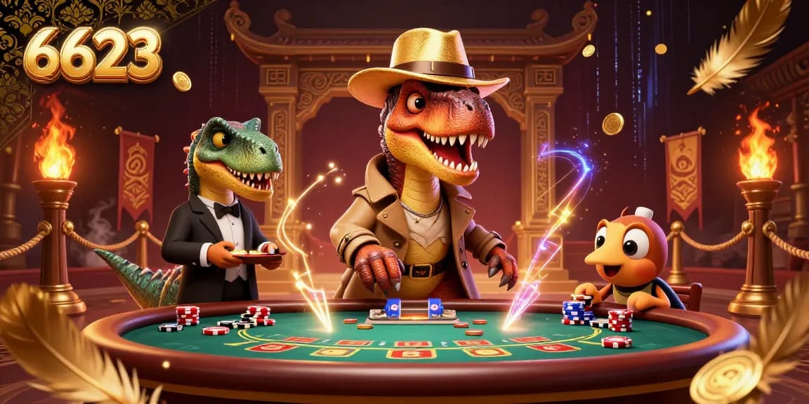 Experience thrilling blackjack action at 6623 with a dinosaur-themed illustration, featuring a stealthy velociraptor and a vigilant stegosaurus.