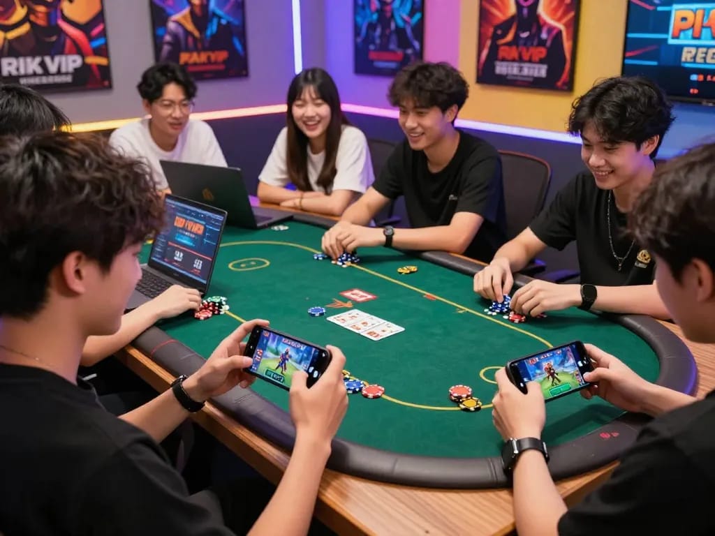 Players enjoying Rik vip không bị chặn on mobile and laptop, showcasing vibrant gaming interactions.