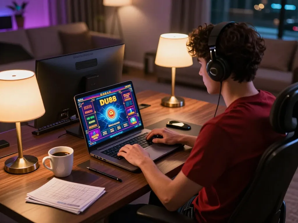 Gamer strategizing while playing DU88 on laptop, showcasing the excitement of online gambling.