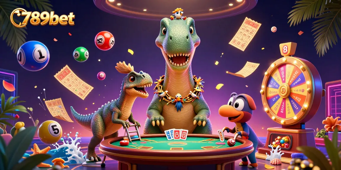 Engage in thrilling action at 789bet with a vibrant casino scene featuring playful dinosaurs.