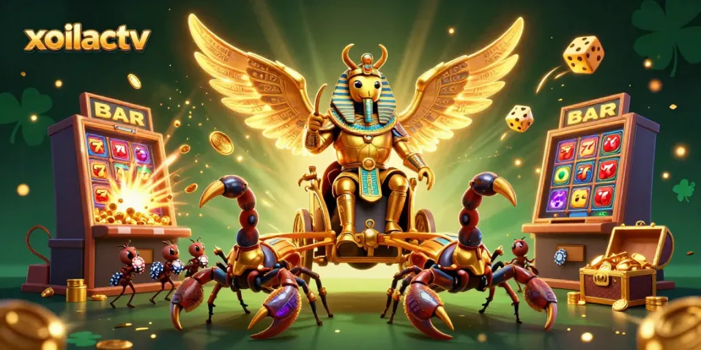 Xoilactv highlights a 3D golden scarab beetle and casino elements, showcasing dynamic gaming action.
