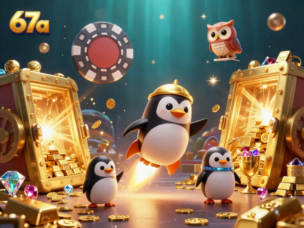 Engage with the vibrant action of 67a as a colorful penguin dives into a thrilling casino adventure.