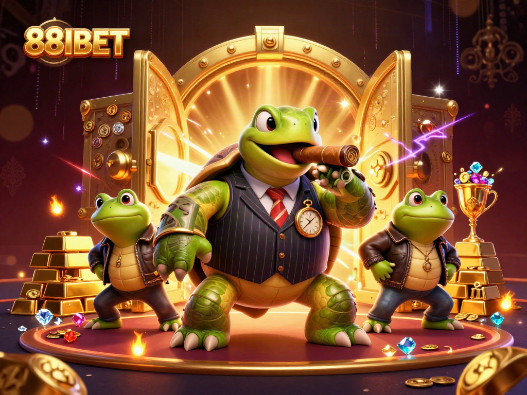 Engage with 88IBET in this vibrant 3D casino scene showcasing a turtle mobster and frog enforcers.