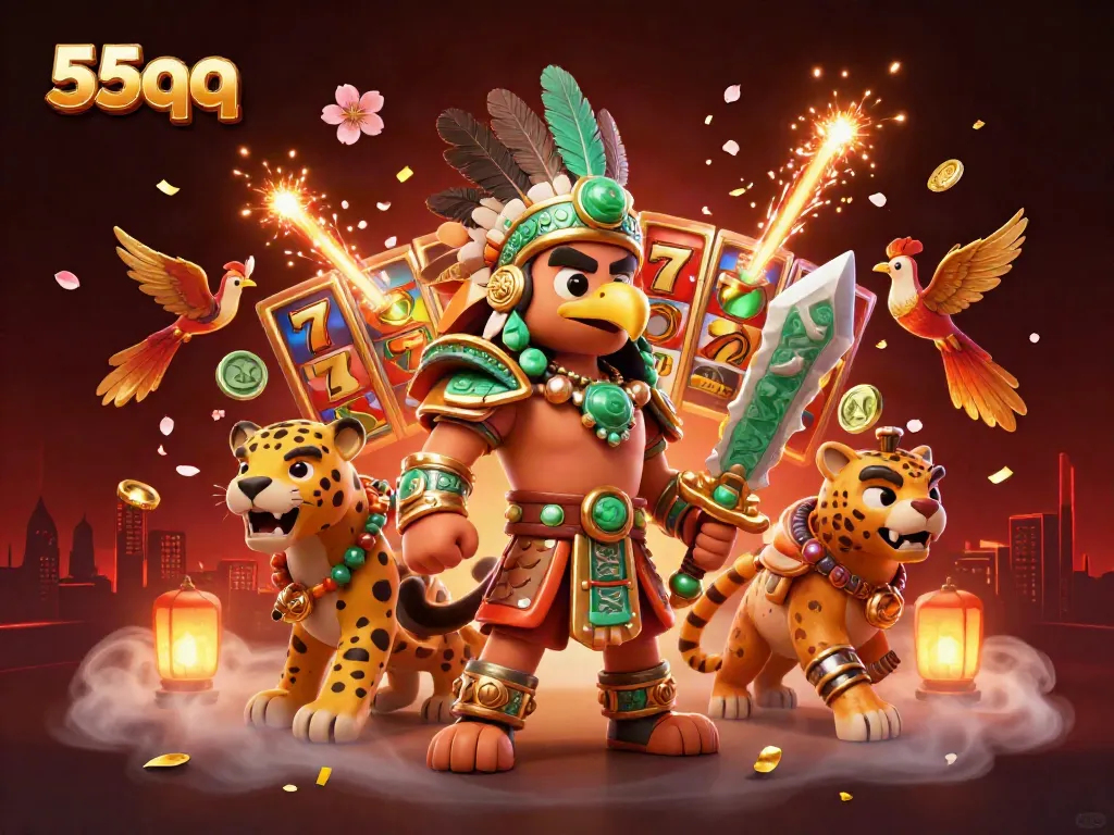 Experience vibrant 55qq gaming through Aztec-inspired warriors, spinning jade coins, and slot reels.