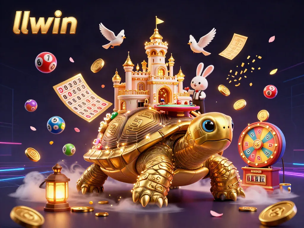 llwin showcases its enormous casino palace on a tortoise, with vibrant lottery elements and a rabbit dealer.