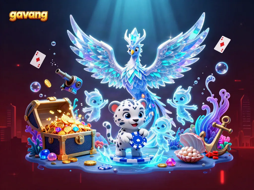 Watch the 3D illustration of the ice phoenix and snow leopard in a vivid, fantasy gambling scene featuring gavang elements.