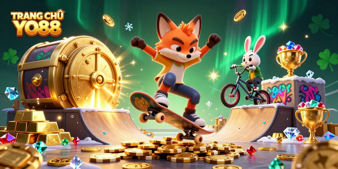 Engage with the dynamic scene of TRANG CHỦ YO88 showcasing a skateboard fox and BMX rabbit in a vibrant casino
