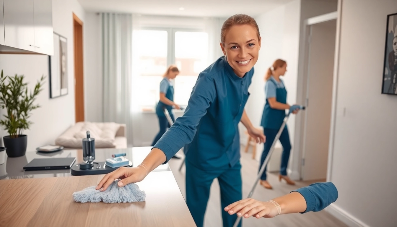 Professionella städfirma stockholm-serviceteam som arbetar effektivt i en modern lägenhet.