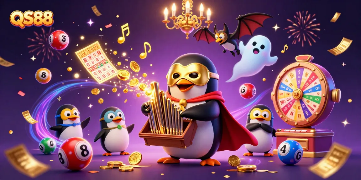 Engage with QS88 in a vibrant, dynamic casino scene filled with lottery balls, a golden organ, and festive energy.