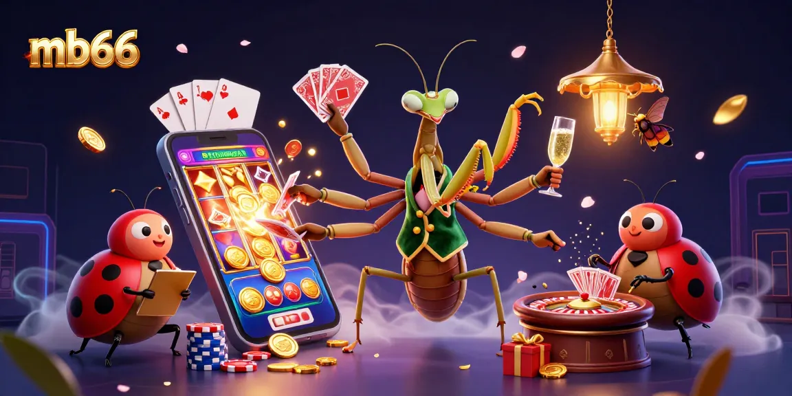 Experience thrilling games at mb66 with colorful slots and engaging casino elements in this vibrant illustration.