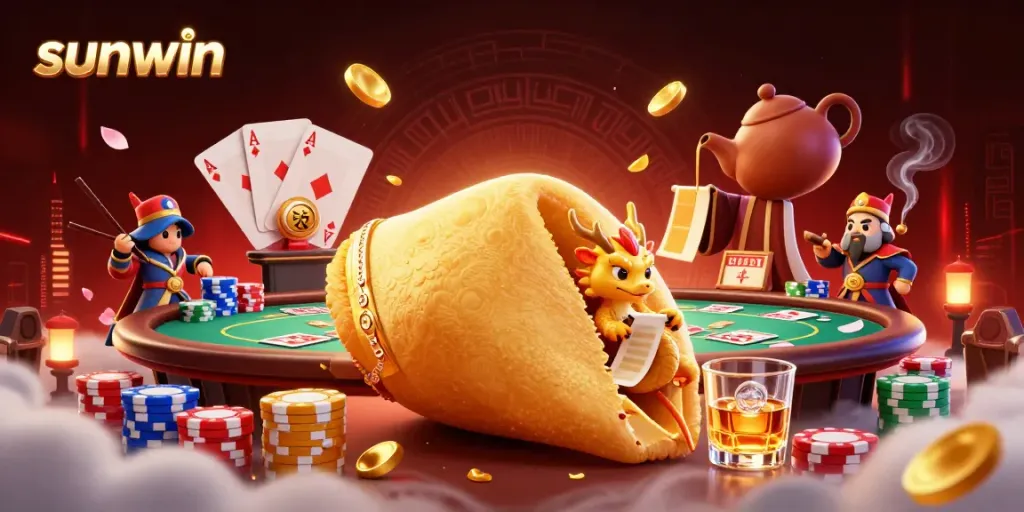 Experience thrilling gaming at sunwin with a vibrant casino scene featuring a giant fortune cookie, dragon, and poker elements.