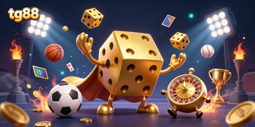 Engage with tg88's thrilling gaming world featuring characters and vibrant elements in a dynamic casino scene.
