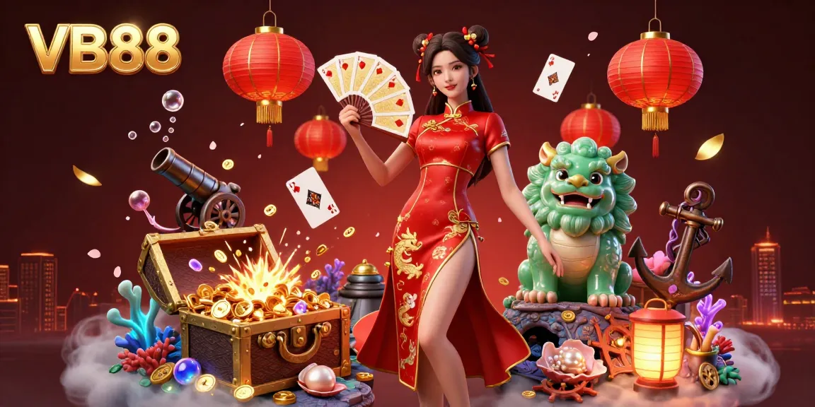 Experience thrilling gaming at VB88 with enchanting visuals of a qipao-clad character and dynamic casino elements.