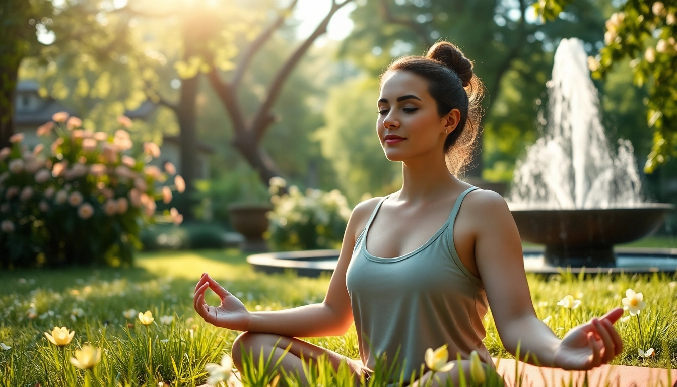 Woman meditating in a garden, showcasing mental health tips for relaxation and mindfulness.