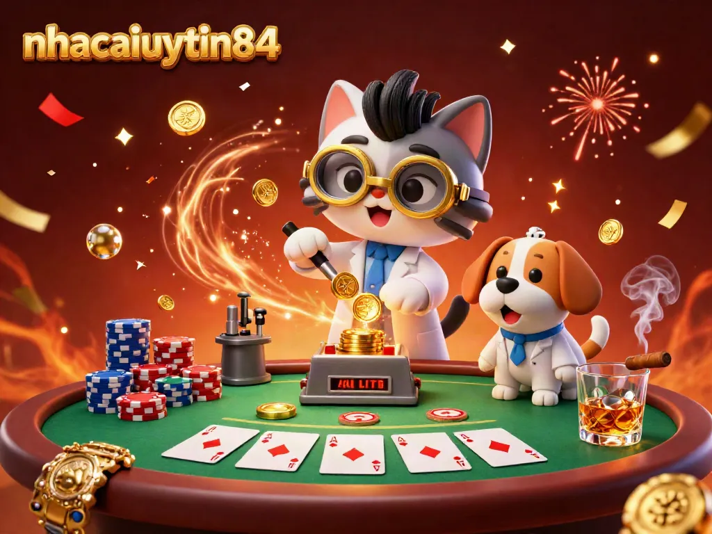 Experience thrilling gaming action at nhacaiuytin84 with a mad scientist cat preparing a gold-coin-replication machine amid poker excitement.