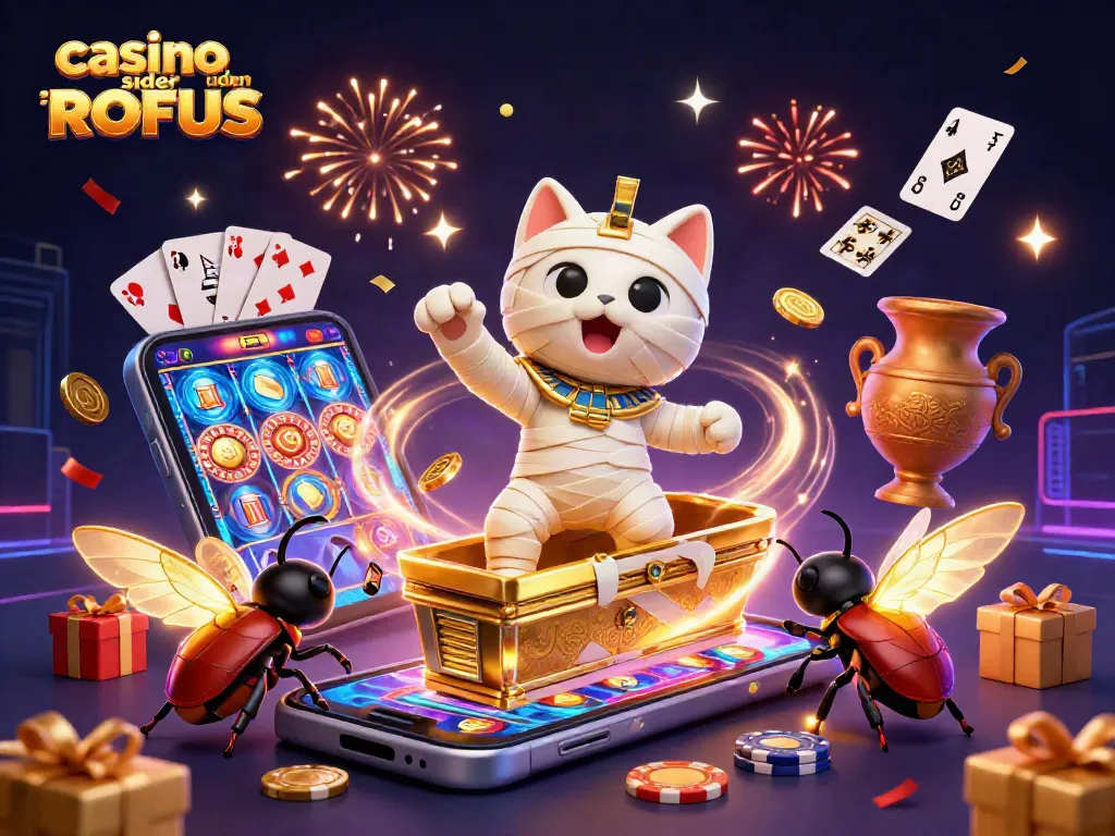 Engage with the vibrant world of casino sider uden ROFUS featuring a mummy cat, golden coins, and dynamic game elements.