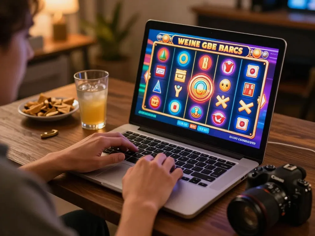 Engaging in thrilling online gaming at https://56win.autos/ with vibrant slot machine visuals.