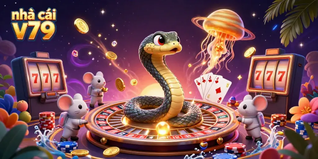Experience the excitement of nhà cái v79 with a vibrant cosmic casino scene featuring a roulette wheel and astronaut mice.