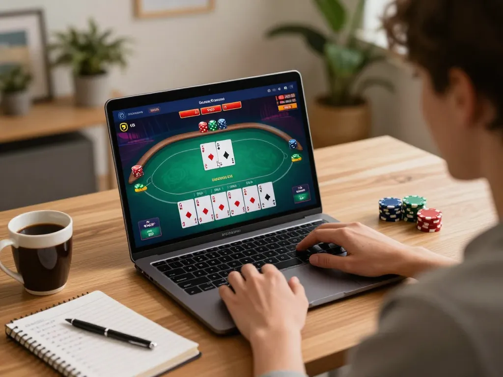 lu88 player strategizing online poker in a cozy home office