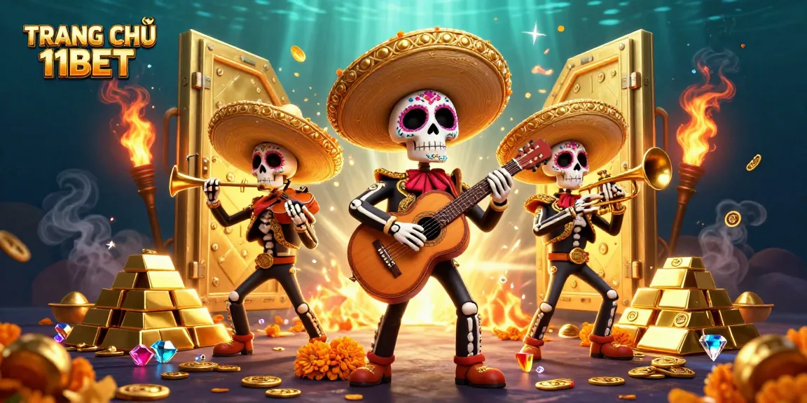 Engage with excitement on the TRANG CHỦ 11BET as vibrant mariachi skeletons celebrate a gold-filled casino adventure.