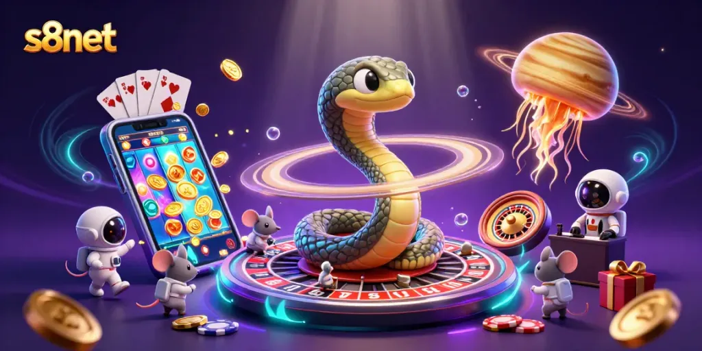 Engage in thrilling casino action with s8net's vibrant 3D illustration featuring playful astronaut mice betting on a cosmic roulette.
