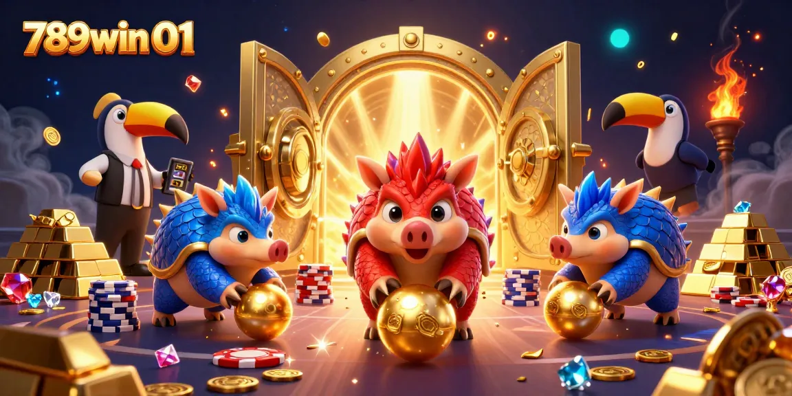 Engage in the thrilling world of 789win 01 with pangolins rolling through golden treasures and poker chips!