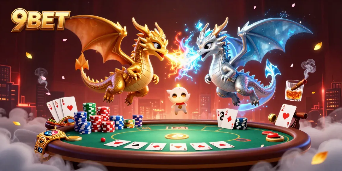 Engage with 9BET's thrilling gameplay as golden and silver dragons symbolize fiery competition at a poker table.