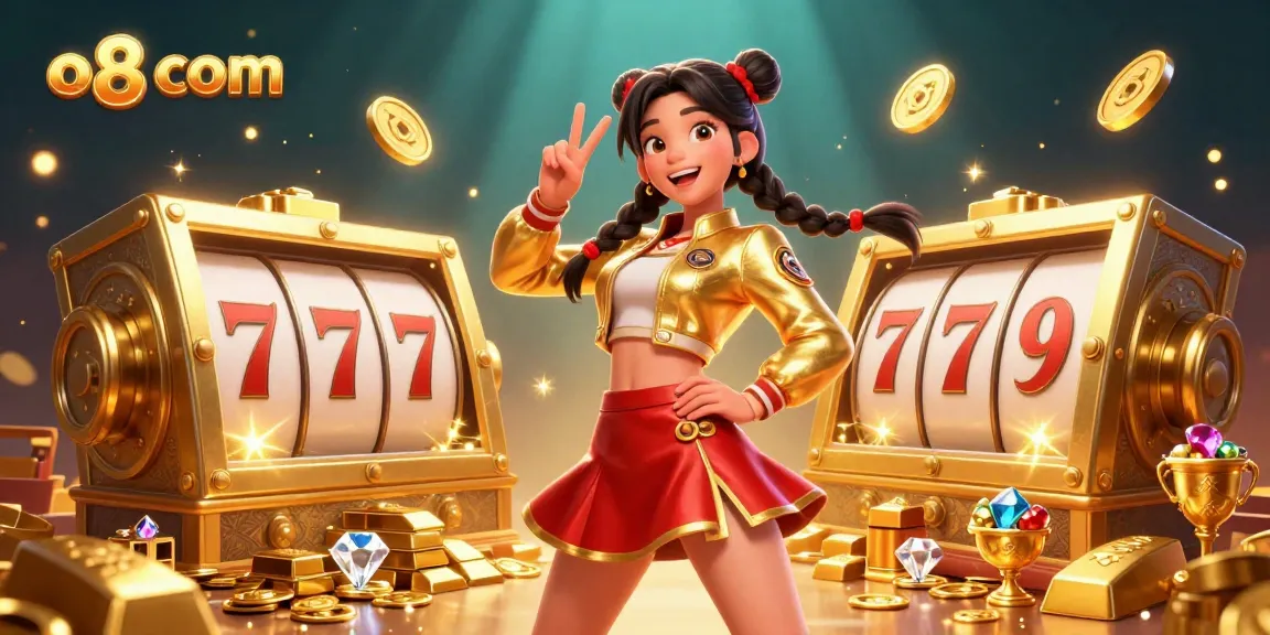 Engage with o8 com's thrilling jackpots in this vibrant 3D illustration of online slots and gameplay excitement.