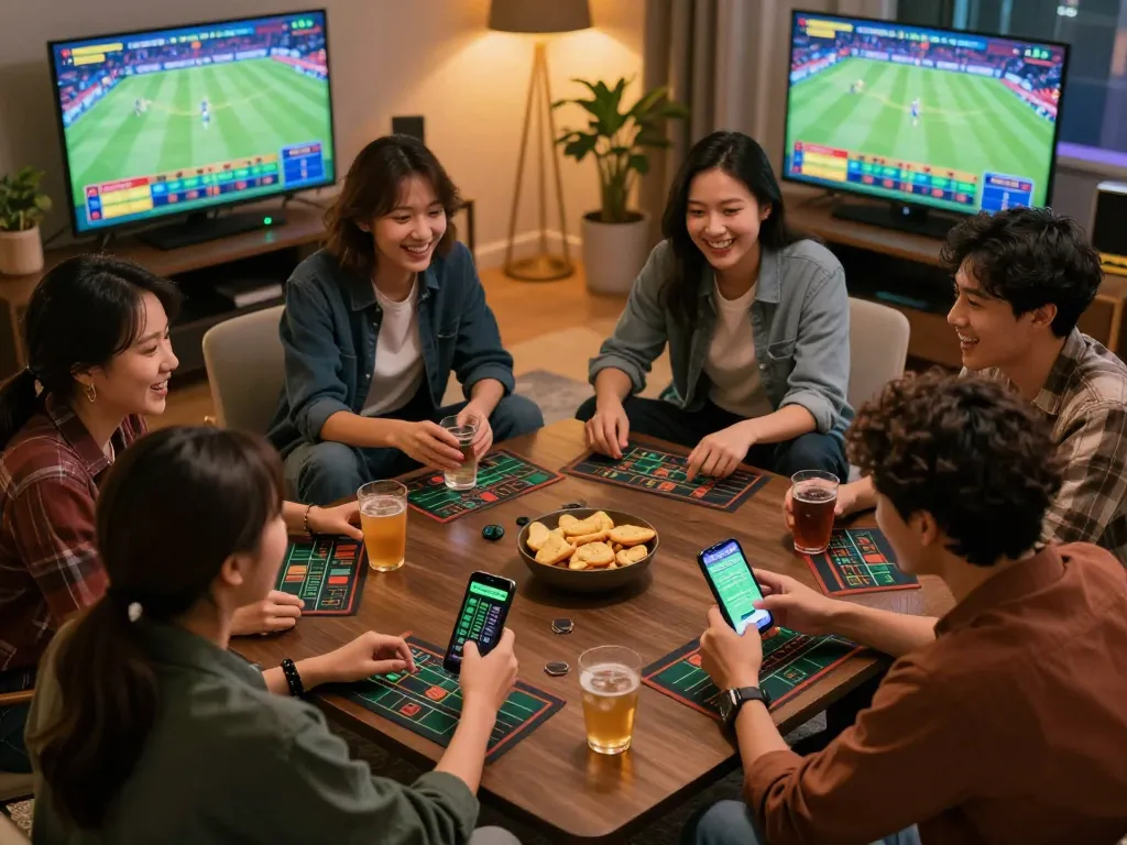 Friends engaging in sports betting using LU88 app with multiple screens in a cozy home setting