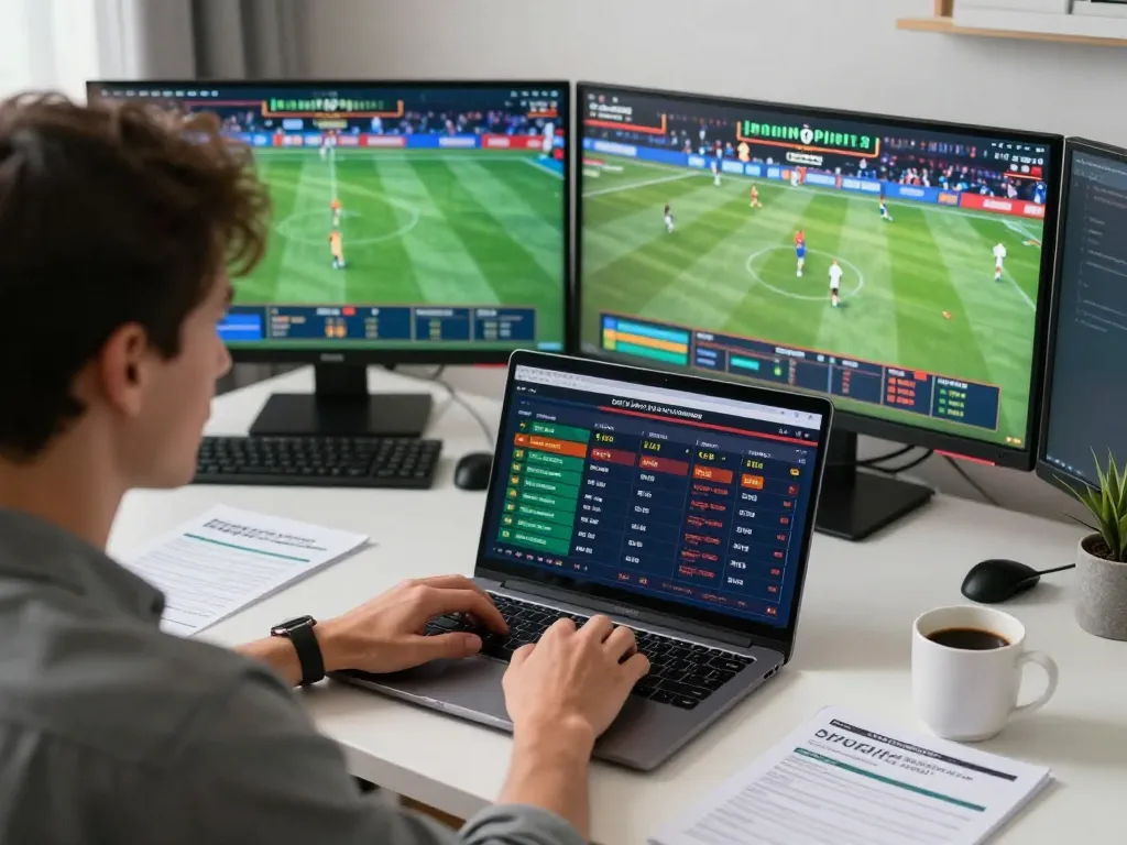 Player engaging in sports betting on g28 platform from modern home office