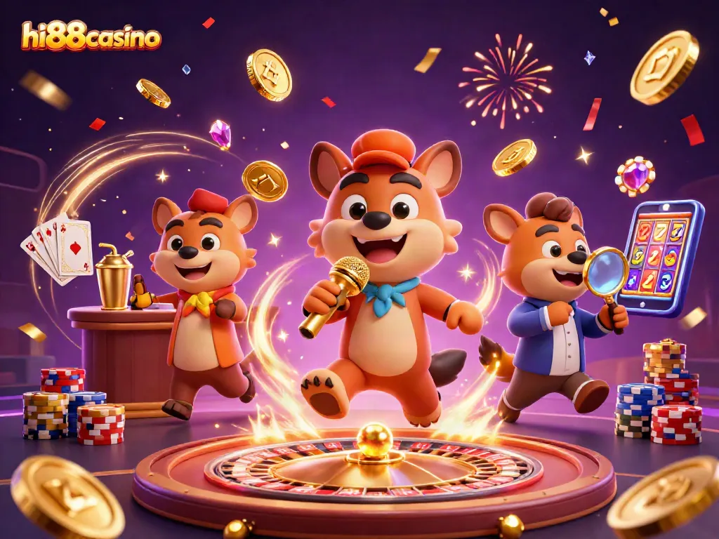 Experience the lively atmosphere of hi88casino with animated hyenas enjoying fun and gambling.