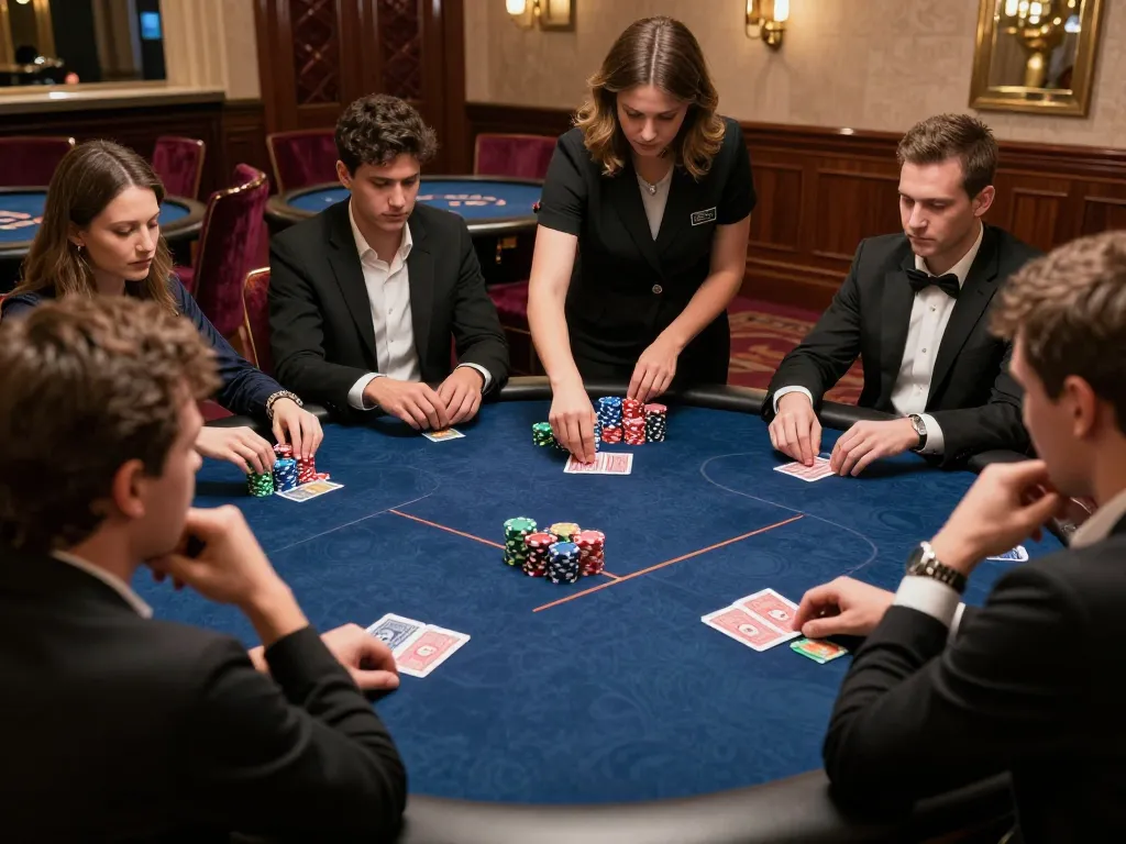 Experience strategic gameplay at MMOO poker table with engaged players and luxurious casino ambiance