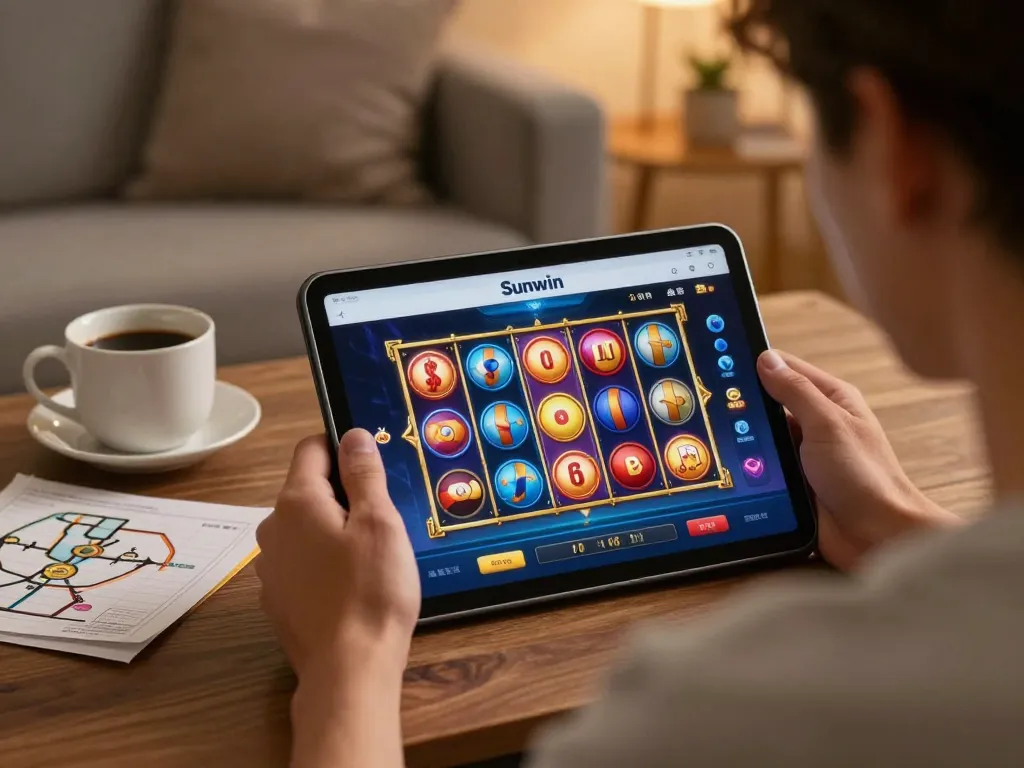 Player enjoying Sunwin online gaming app in a cozy home setting