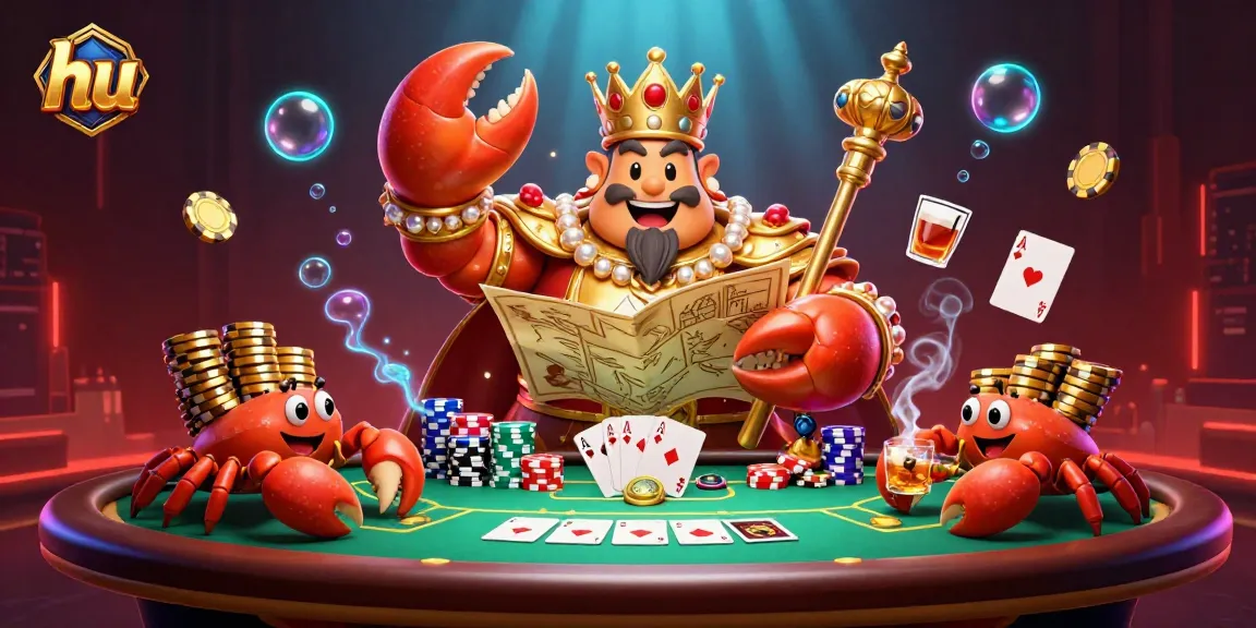 Engage with hu in a vibrant casino scene featuring a golden crab emperor, poker chips, and community cards.