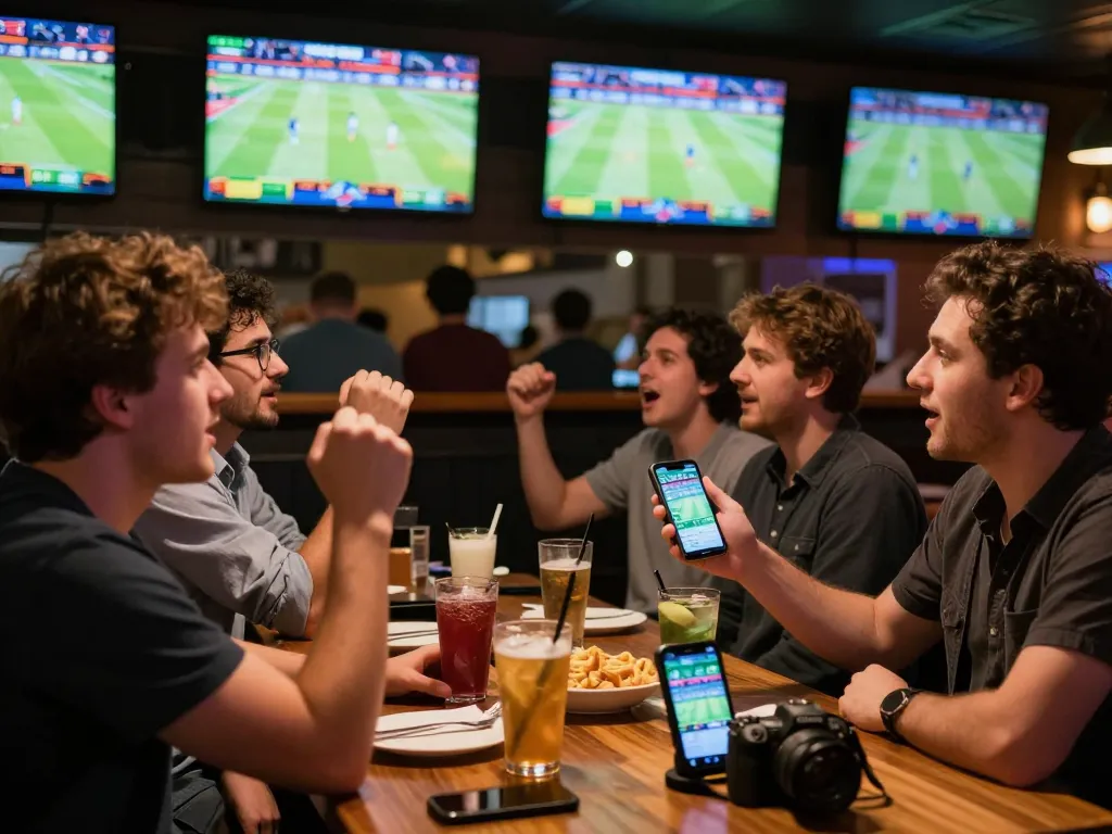 Socolive trực tiếp sports betting excitement with friends cheering while placing bets on mobile apps